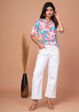 Stylish Casual Cotton Shirt Top for Women – Abstract Floral Print, Half Sleeves, Collar Neck