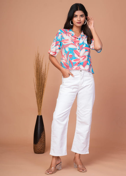 Stylish Casual Cotton Shirt Top for Women – Abstract Floral Print, Half Sleeves, Collar Neck