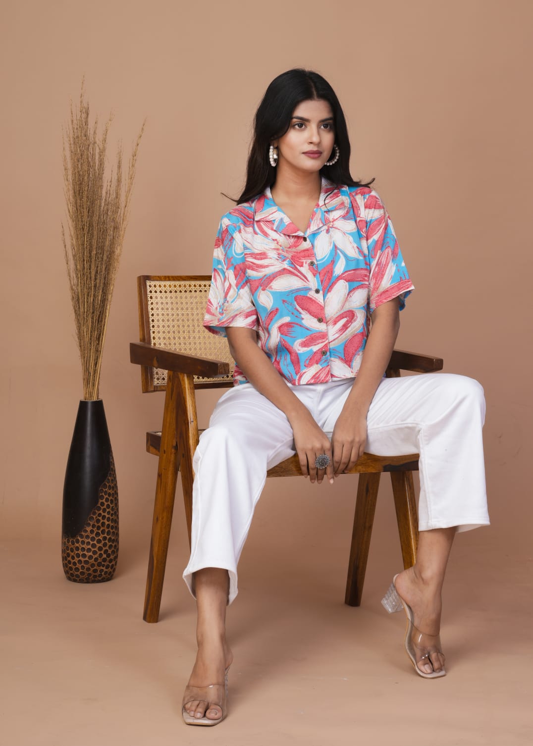 Stylish Casual Cotton Shirt Top for Women – Abstract Floral Print, Half Sleeves, Collar Neck