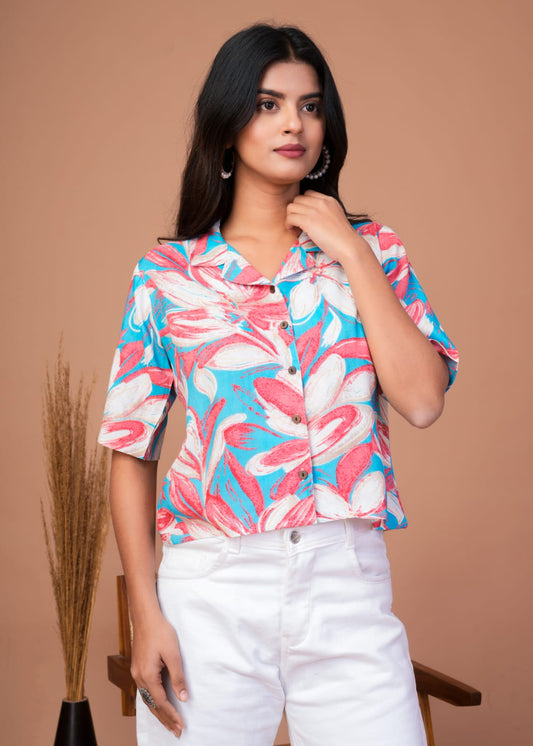 Stylish Casual Cotton Shirt Top for Women – Abstract Floral Print, Half Sleeves, Collar Neck